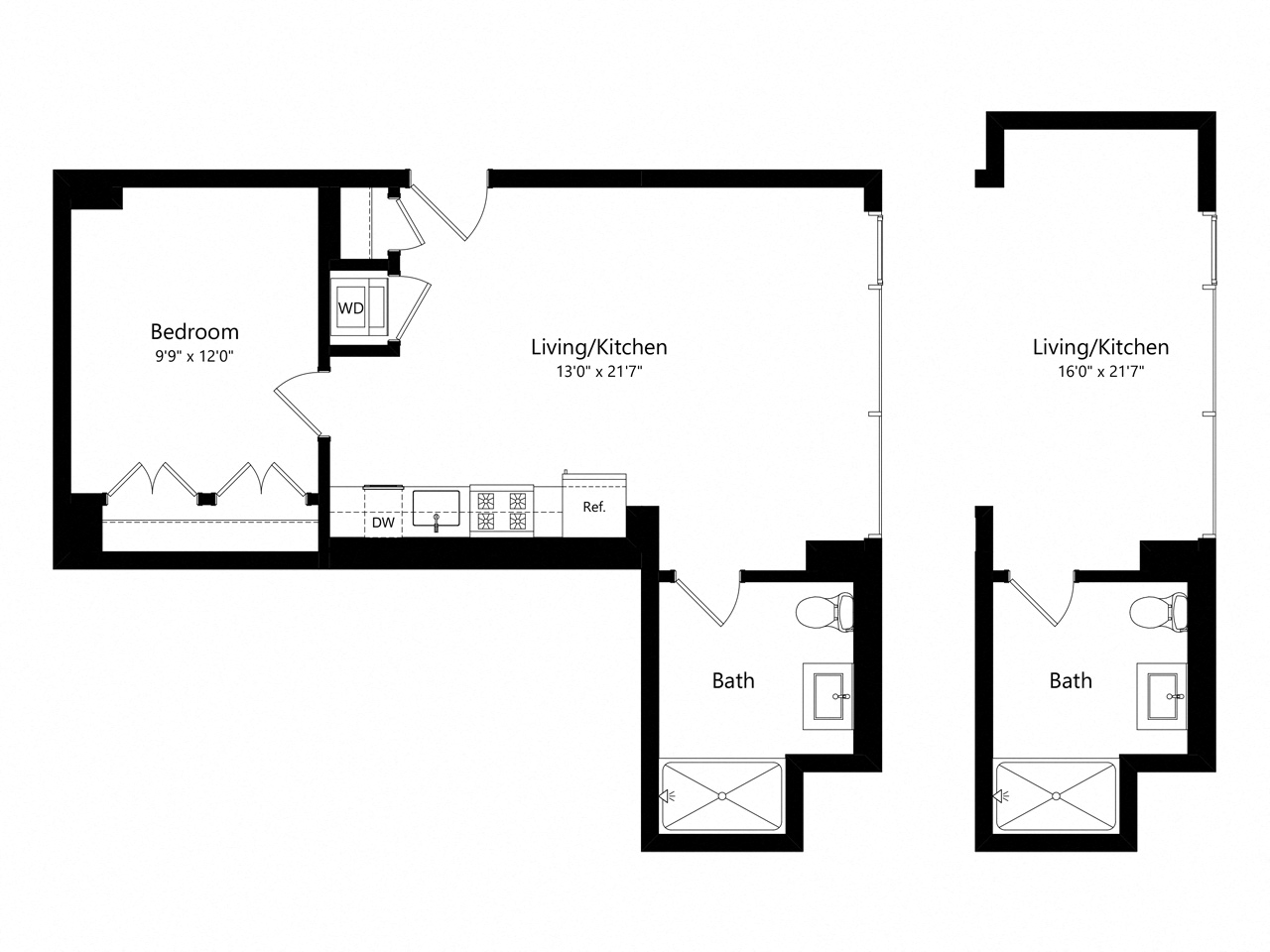 Floor plan for 1 bed, 1 bath, 601 sqft